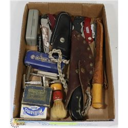 BOX OF KNIVES, RAZORS AND HARMONICAS.