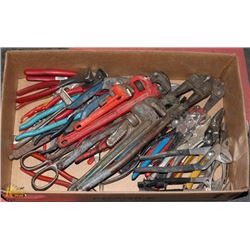 BOX OF ASSORTED PLIERS, PIPE WRENCHES & CUTTERS.