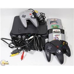 NINTENDO N64, 2 CONTROLLERS, 5 GAMES, & TV CABLE