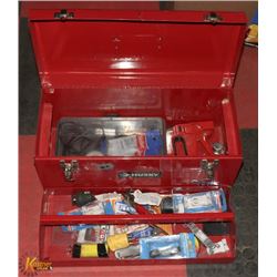 RED TOOL BOX WITH TRAY & ASSORTED TOOLS