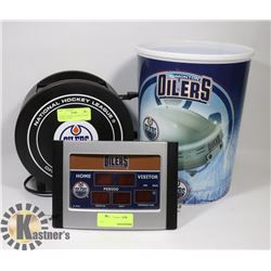 OILERS TOASTER, OILERS CLOCK & OILERS ICE BIN.