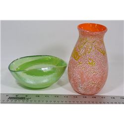 DECORATIVE ORANGE VASE AND GREEN BOWL.