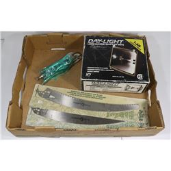 HALOGEN LIGHT, 4 VISEGRIP PLIERS AND PRUNING SAW