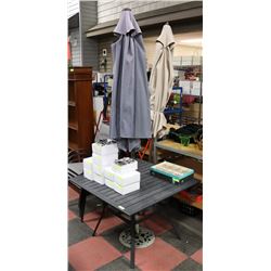 METAL PATIO TABLE WITH 2 UMBRELLAS AND 4 STACKABLE
