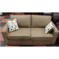 LIGHT BROWN FABRIC LOVE SEAT WITH ACCENT