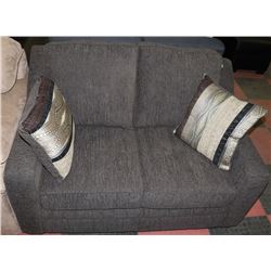 DARK GREY FABRIC LOVE SEAT WITH ACCENT CUSHIONS