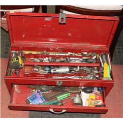LARGE RED METAL TOOL BOX WITH 2 DRAWERS AND TOOL