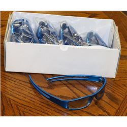 BOX OF BRIGHT METALLIC BLUE DESIGNER SUNGLASSES.