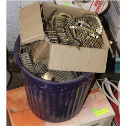 CASE AND PAIL OF ROOFING NAILS.