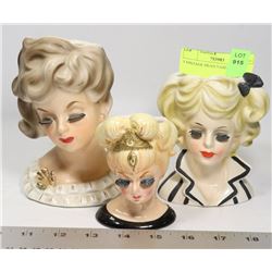 3 VINTAGE HEAD VASES.