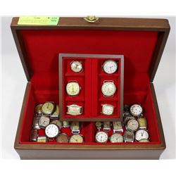 WOOD BOX OF ANTIQUE WRIST WATCHES FOR RESTORATION.
