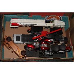 FLAT WITH TRUCK, HELICOPTER, MOTORCYCLE TOYS