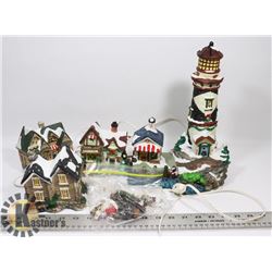 BOX W/LIGHTED CHRISTMAS VILLAGE WITH 3