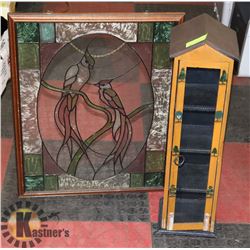 WOODEN FOLK ART STORAGE BOX WITH 2 SHELVES,