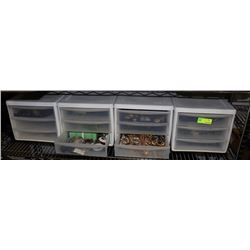 LOT OF 4  3 DRAWER STORAGE CABINETS WITH ASSORTED