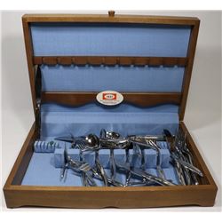 WOOD BOX WITH ROGERS BROS SILVERWARE