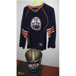 OILERS JERSEY AND TRASH CAN.