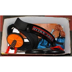 WEIGHT LIFTING LOT: INCLUDES BELTS, SKIP ROPE,