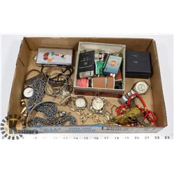 BOX OF ESTATE JEWELLERY, WATCHES & LIGHTERS.