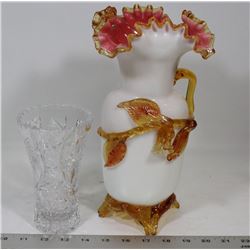 CRYSTAL VASE & VINTAGE WHITE & ORANGE VASE WITH