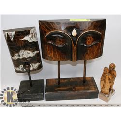 2 HOME DECOR MASKS & 2 WOODEN FIGURES