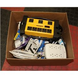 BOX OF ELECTRICAL WIRES AND PLUG IN BOX.