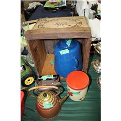 Butter Box; Enamel Coffee Pot (as is); Copper Kettle; 1 Cannister; Elect. Iron (no cord)