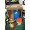 Image 1 : Butter Box; Enamel Coffee Pot (as is); Copper Kettle; 1 Cannister; Elect. Iron (no cord)