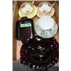 Image 1 : Box with: 3 Cups & Saucers and 2 Ruby Glass Dishes