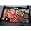 Image 1 : Small Show Case of Collectibles:  Hat Pins; Compact; Belt Buckles; Button Hook; Bottle Opener; Thimb
