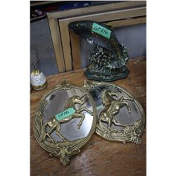 Two Mirrors with Brass Unicorn Frames and a Fish Door Stop