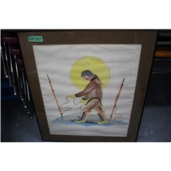 Framed Inuit Drawing of a Fisherman