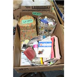 Box of Sewing Supplies and a Lrg. Container of Buttons