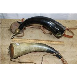 Two Powder Horns with Leather Carriers