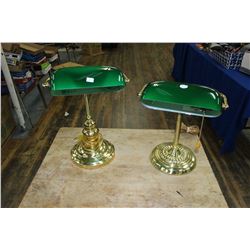 Two Desk Lamps with Green Glass Shades