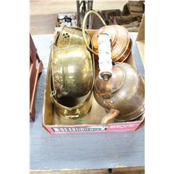 Box of 3 Brass Planters & 2 Copper Kettles