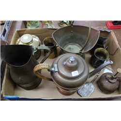 Box with Copper Pitcher; Skuttle; Teapot; Atomizer; Brass Cream & Sugar; etc.