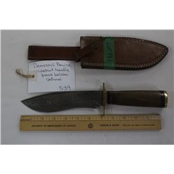 Damascus Bowie Knife with Walnut Handle, Brass Holster & Pommel