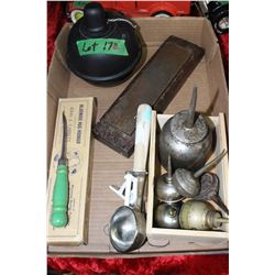 Flat with Oil Cans, Rug Hook, Ice Cream Scoop, Hone and Road Flare