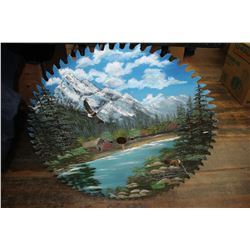 Painted Sawmill Blade (28") - Wilderness Scene - by I. Miller