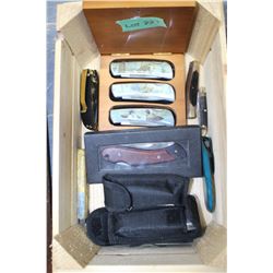 Box with 9 Folding Knives and 2 Sharping Stones