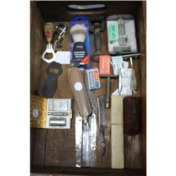 7 Up Carry Crate with Misc. Vintage Shaving Items and Openers