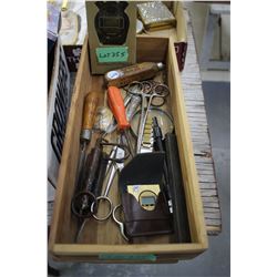 Wooden Box with a Magnifying Glass, Stop Watch, Scissors, Vintage Ice Pick, Hone, Fish Scale, etc.