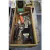 Image 1 : Wooden Box with a Magnifying Glass, Stop Watch, Scissors, Vintage Ice Pick, Hone, Fish Scale, etc.