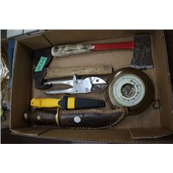 Flat with Knives, an Axe, a Hatchet, Metal Snips and a Barometer