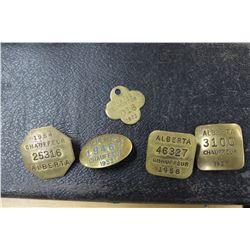 4 Alberta Chauffeurs Pins and One Dog Tag from the Late 1940's or Early 1950's