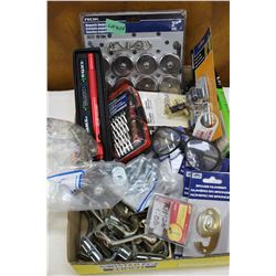 Flat with Household Repair Items:  Screws, Coat Hooks, Broom Holder, Screwdriver Set, etc.