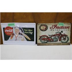 Indian Motorcycle Sign and a Coca Cola Sign (Reproductions) 8" x 12"