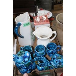 Flat with Tea Set (Grape Pattern); 2 Water Jugs and a Cookie Jar