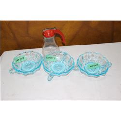 Three Aqua Colored Dishes and a Syrup Dispenser